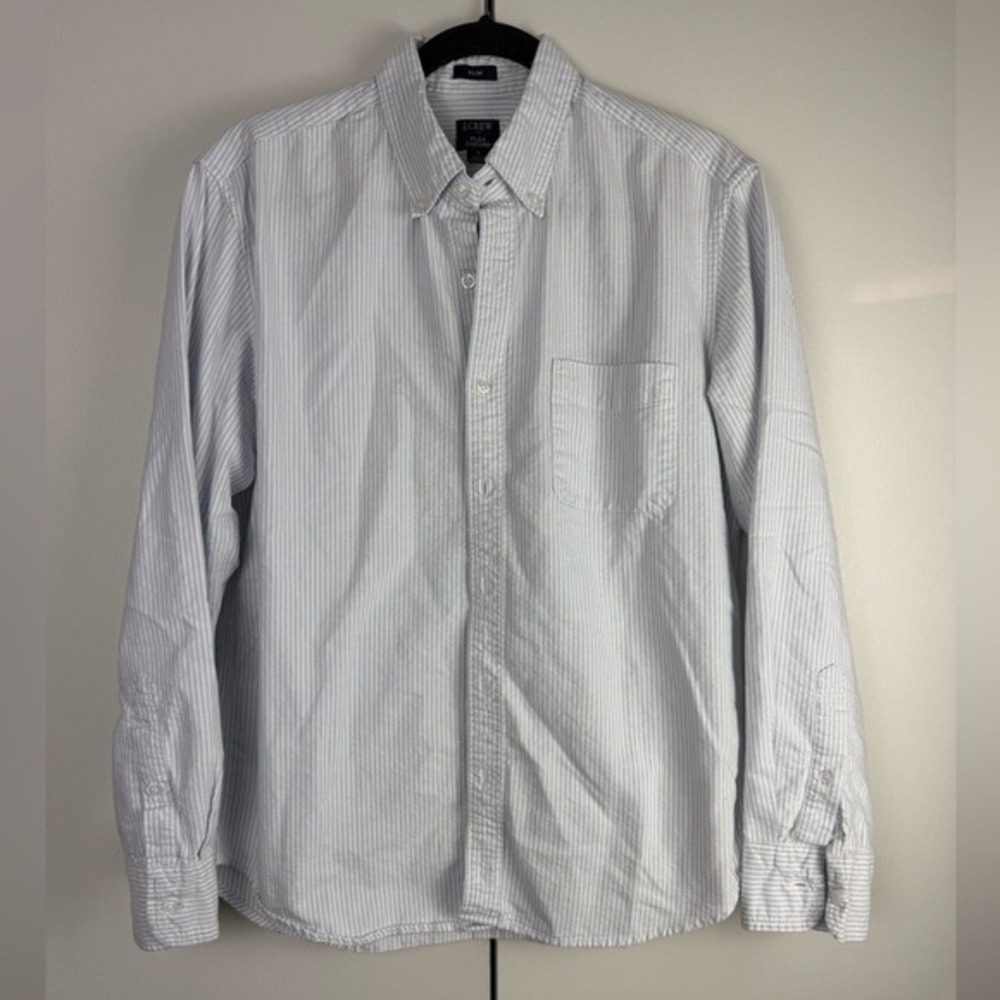 J. Crew Flex Oxford Slim Fit Pinstripe Button Down Shirt Mens Large Blue White‎